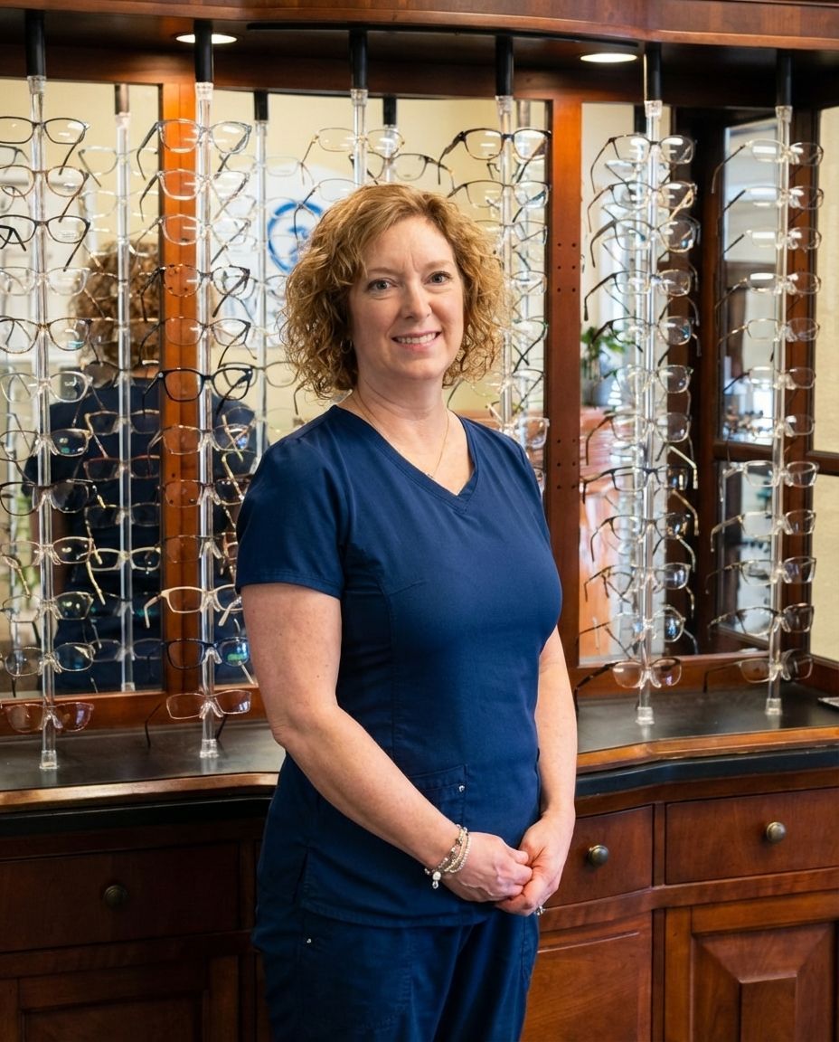Woman in blue scrubs smiles in front of a glasses display case.