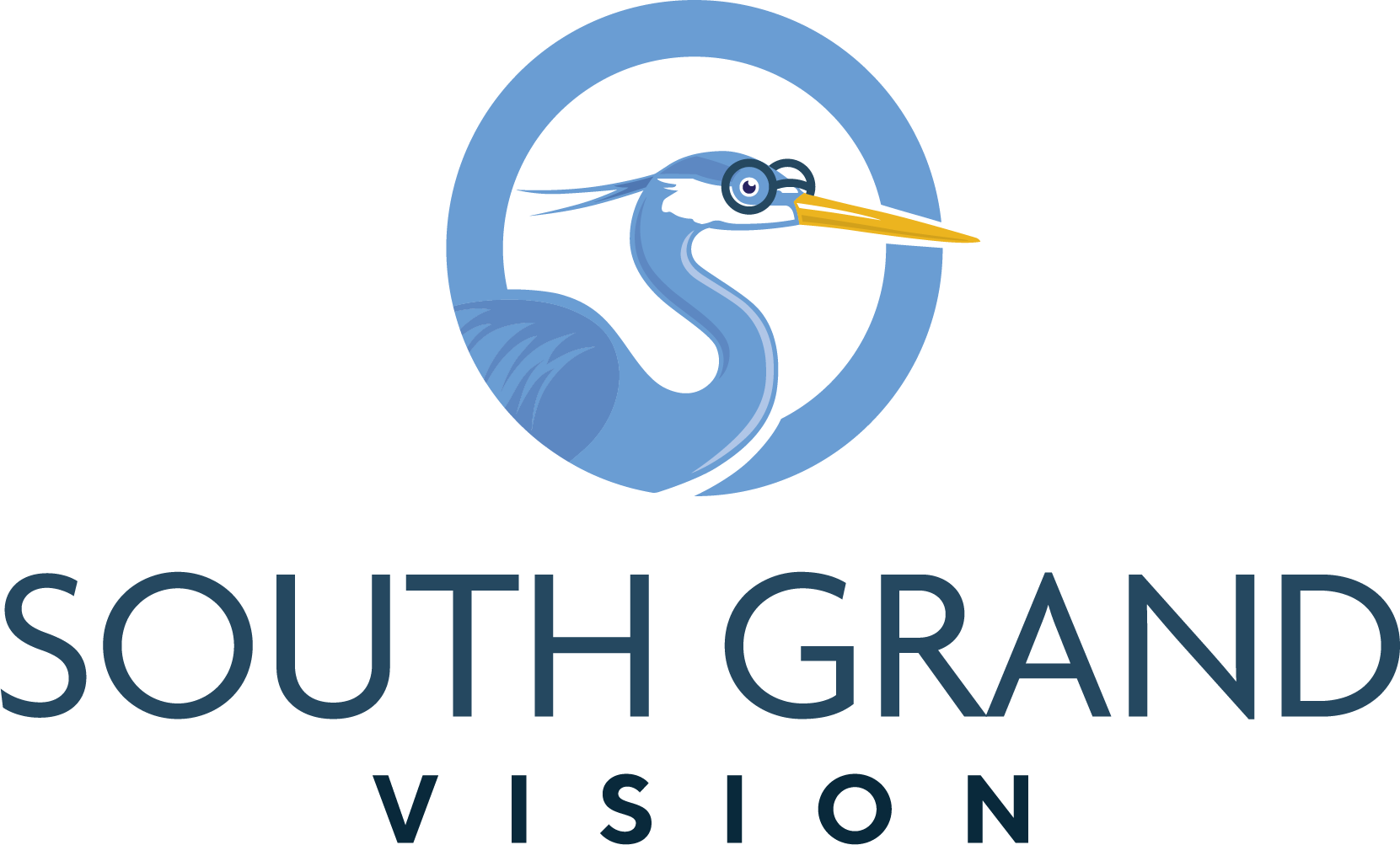 Blue heron wearing glasses inside a blue circle; 