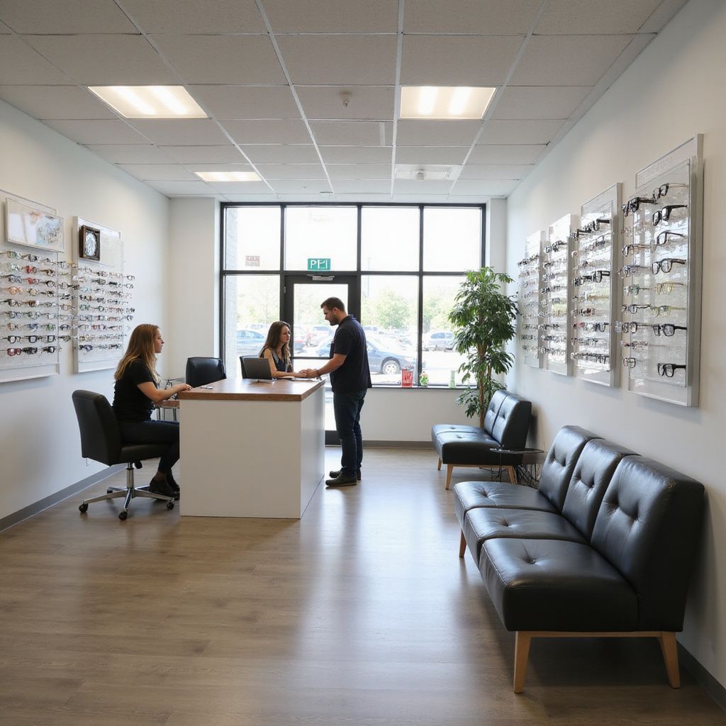 Reception area of an optometry office with patients and staff, and eyeglass displays.