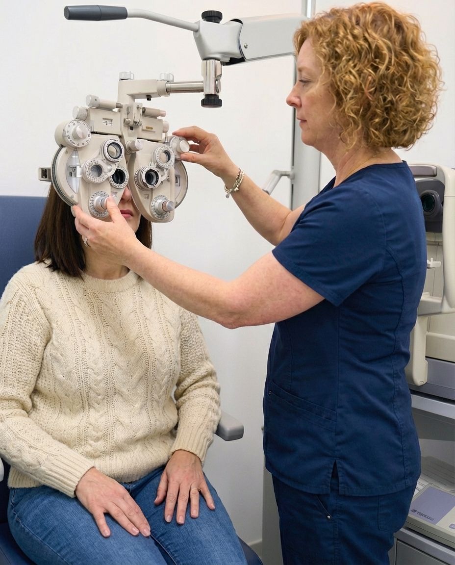 Optometrist examining a patient's eyes with a slit lamp in a medical office setting.