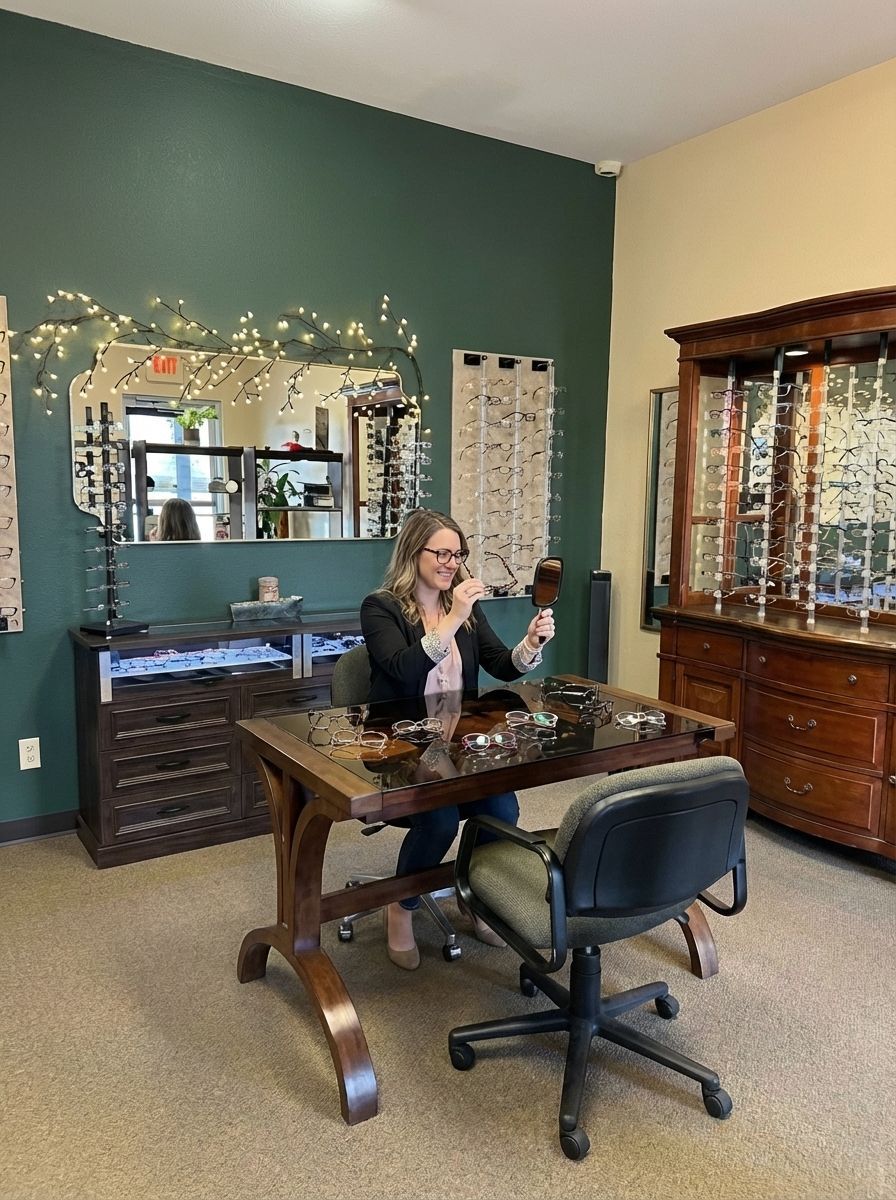 Woman in glasses examines eyeglasses at a desk in an optical shop. Green wall, decorative lights, and wooden furniture.