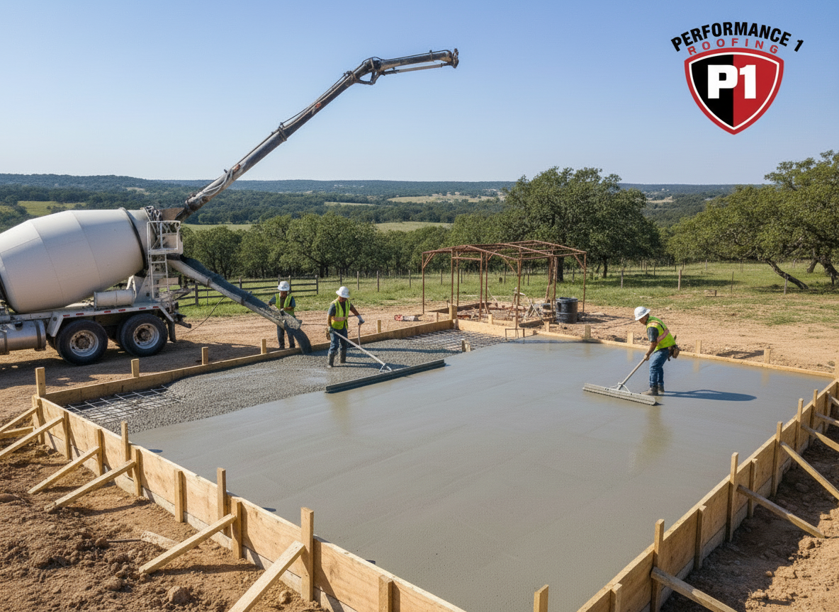 Concrete being poured into a wooden frame at a construction site by workers.
