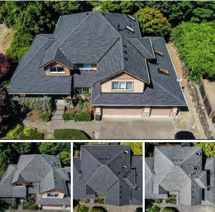 An aerial view of a large house with a black roof