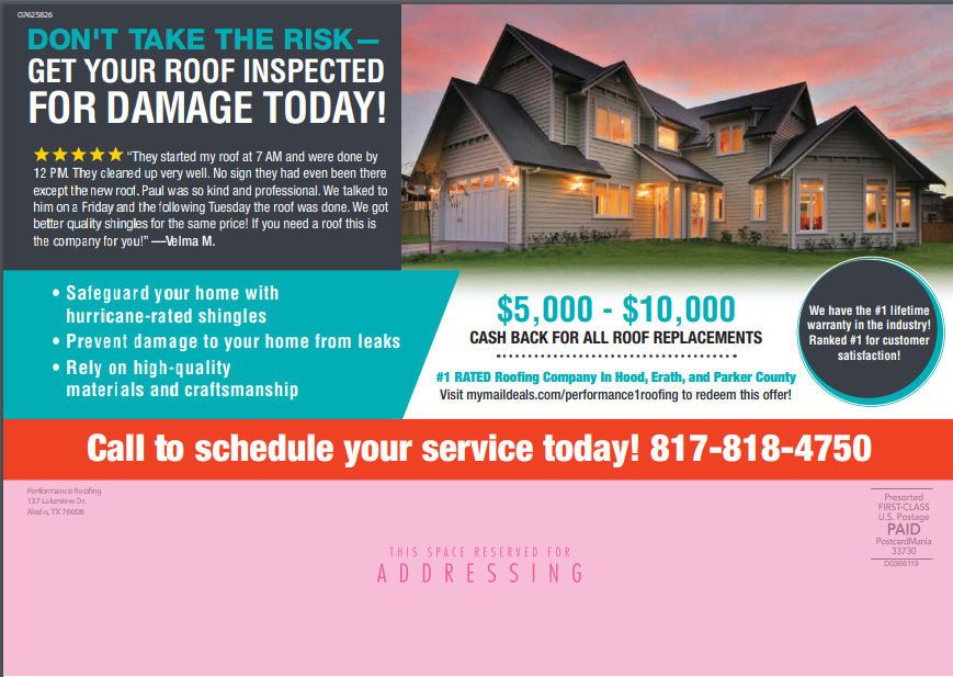 An advertisement for a roofing company that says do n't take the risk get your roof inspected for damage today