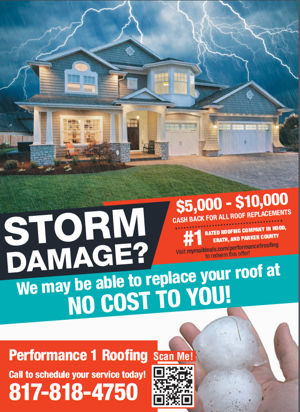 A storm damage advertisement for performance 1 roofing