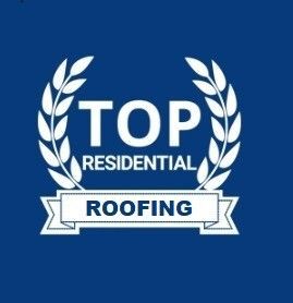 A logo for top residential roofing with a laurel wreath on a blue background.