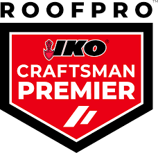 The logo for roof pro craftsman premier is red and black.