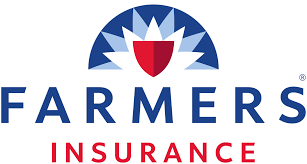 Farmers Insurance logo: Blue and red shield with stylized sun over blue text.