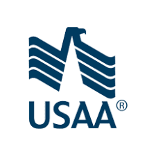 USAA logo: Blue stylized eagle atop a flag design with the company name below.