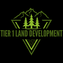 A logo for tier 1 land development, tree trimming and arborist with trees and mountains on a black background.