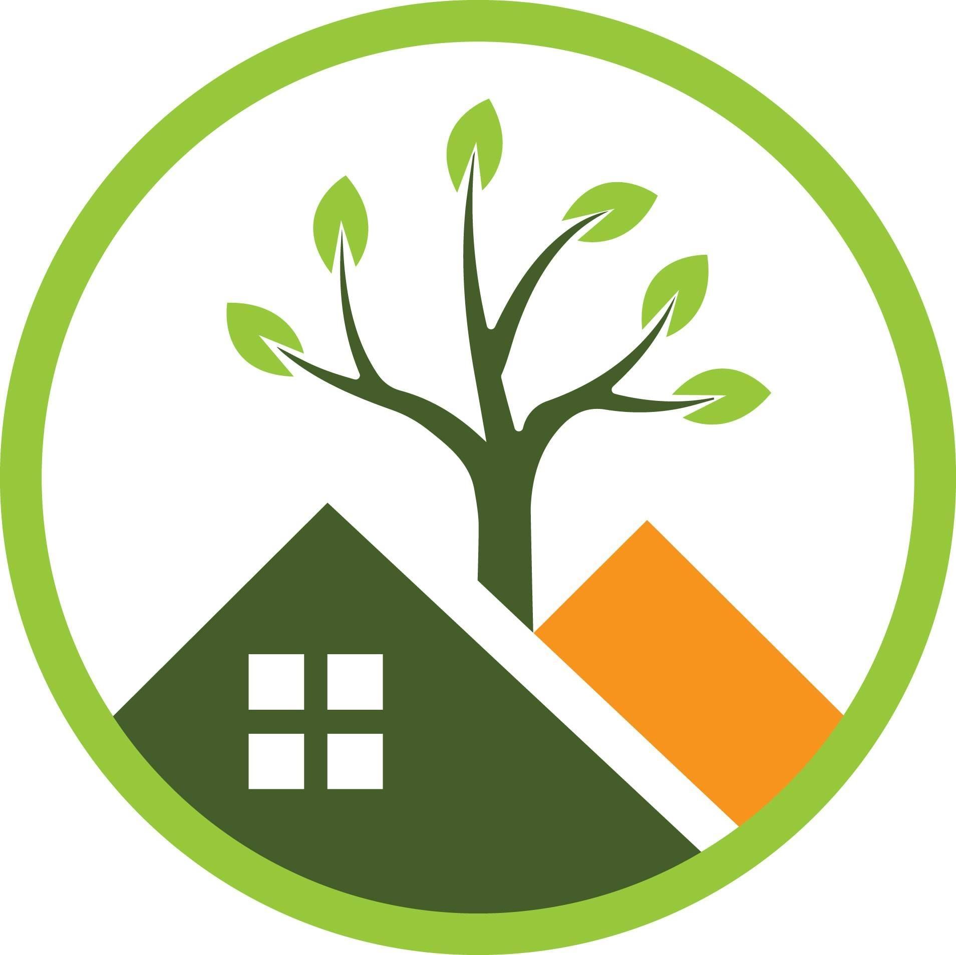 Green circle with a tree growing over a green house and orange building.