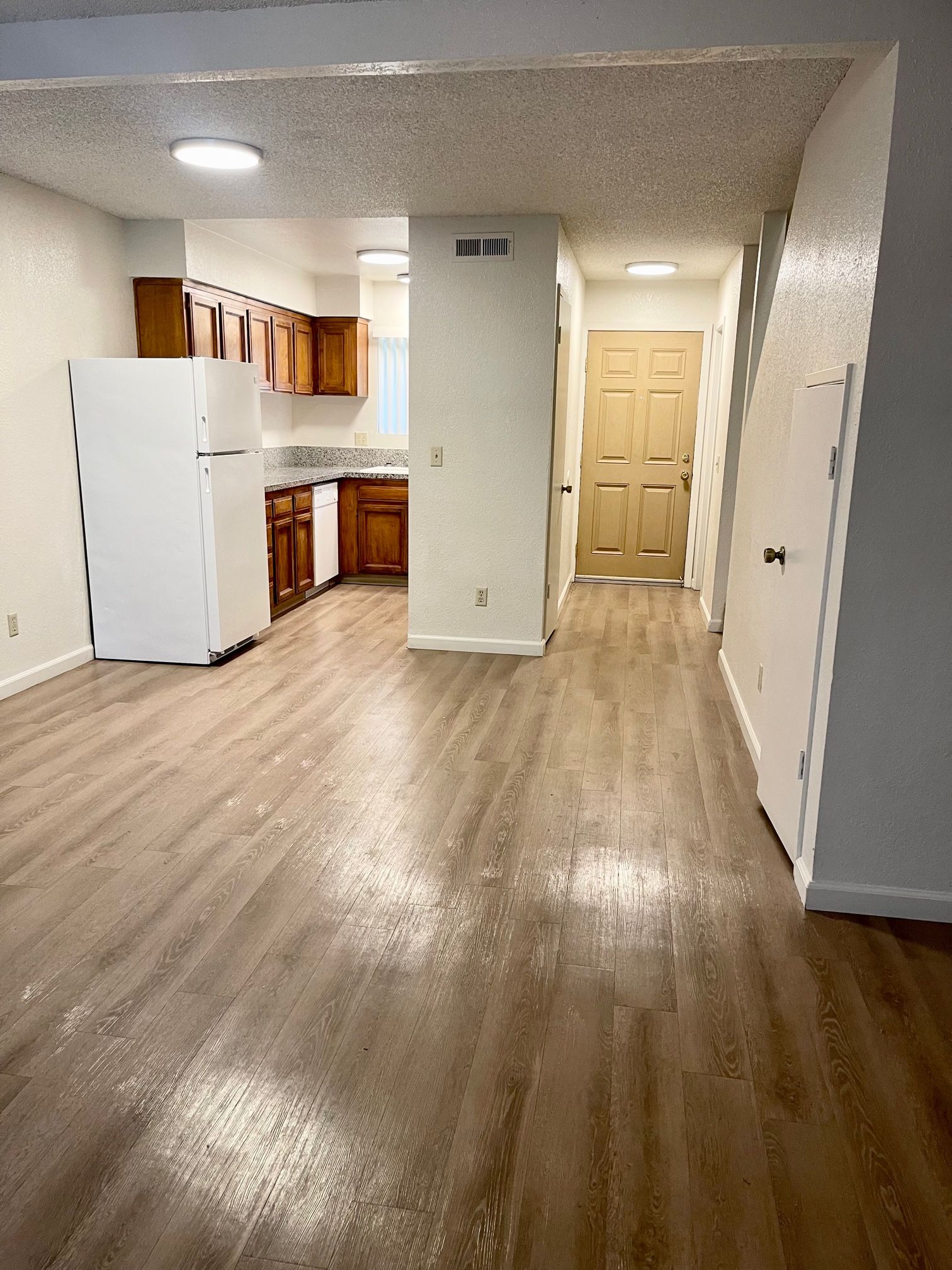 Interior view of a kitchen with a white fridge, wooden cabinets and floors. Hallway leads to a closed door.