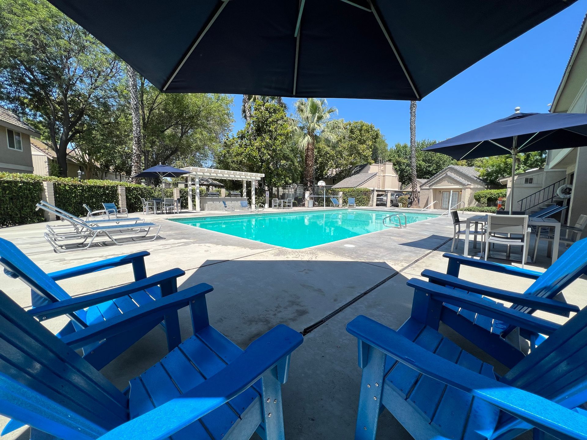 Blue Adirondack chairs overlook a swimming pool and shaded seating area on a sunny day.
