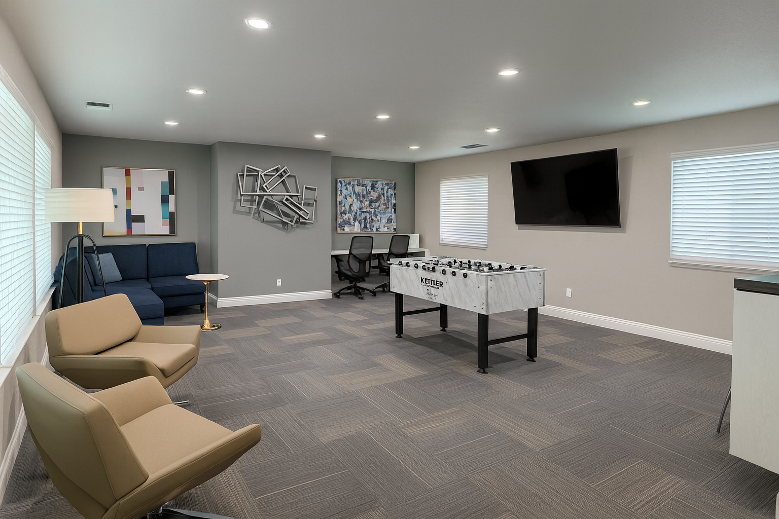 Empty living room with wood-look flooring, a fireplace, and a blue-gray accent wall.
