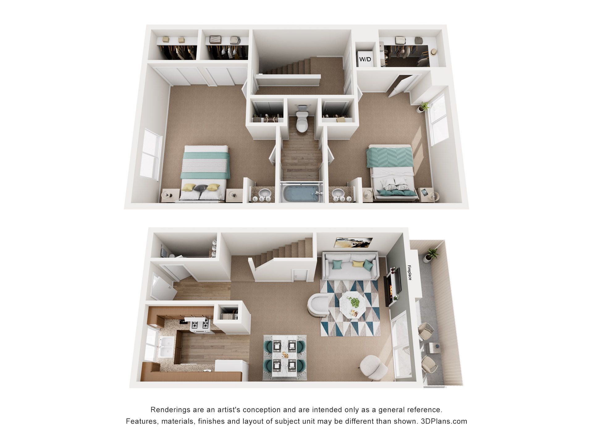 Two-story townhouse floor plan showing bedrooms upstairs and living areas, kitchen, and bathroom downstairs.
