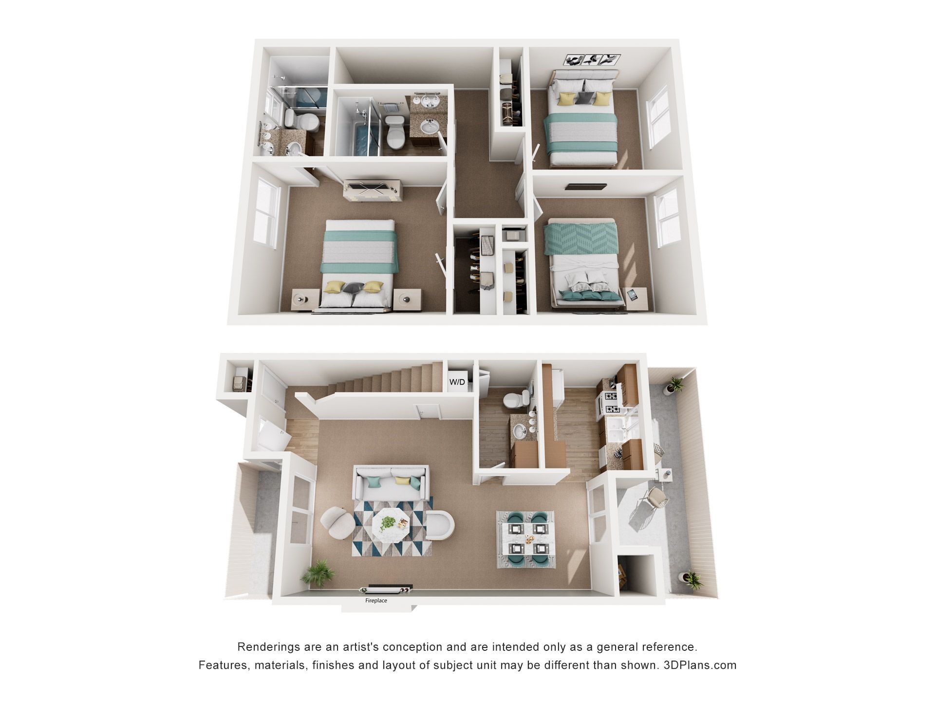 Floor plan of a two-story townhouse with living room, kitchen, and three bedrooms.