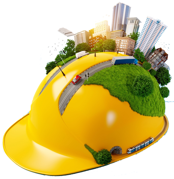 A yellow hard hat with a city on top of it