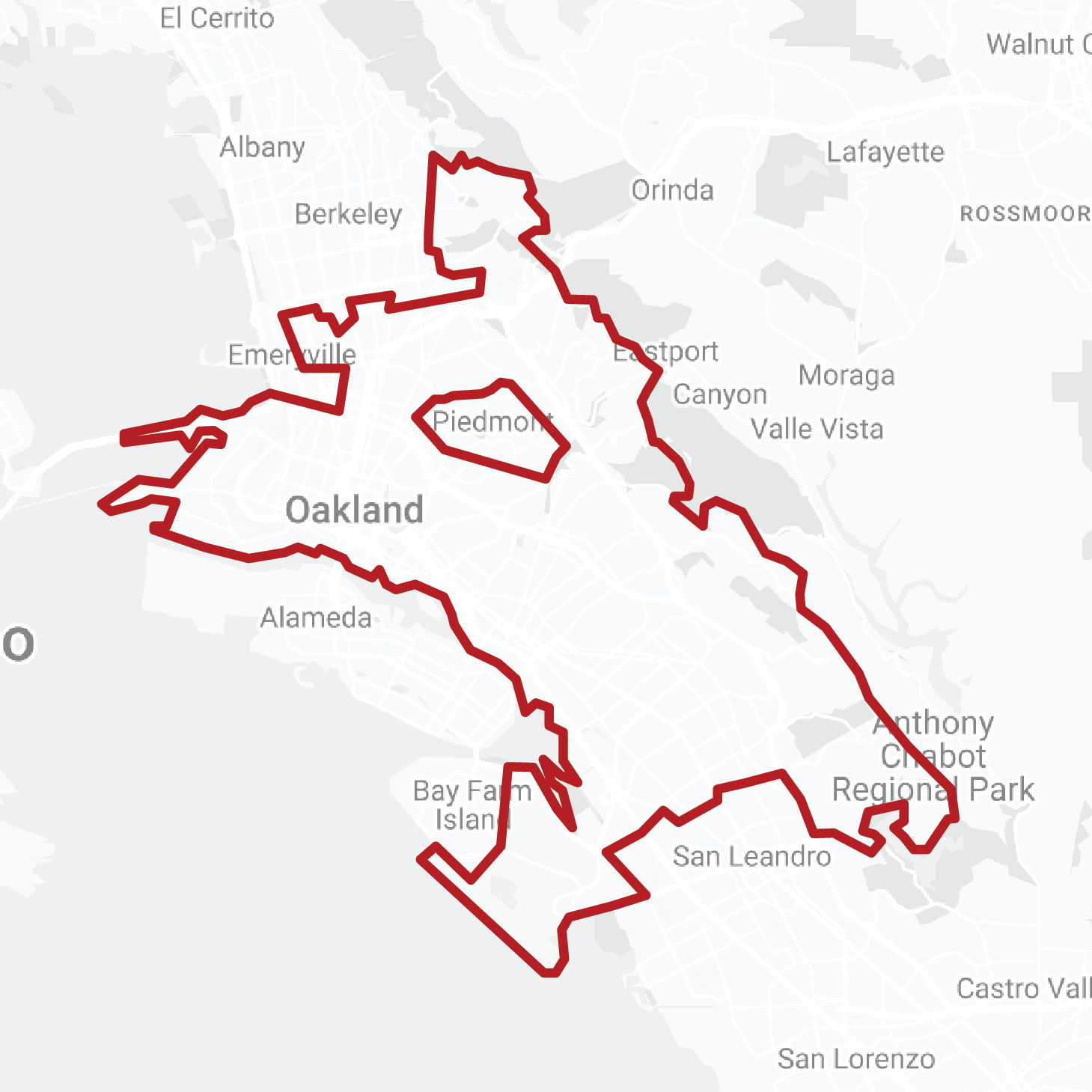 A map of oakland with a red line going through it