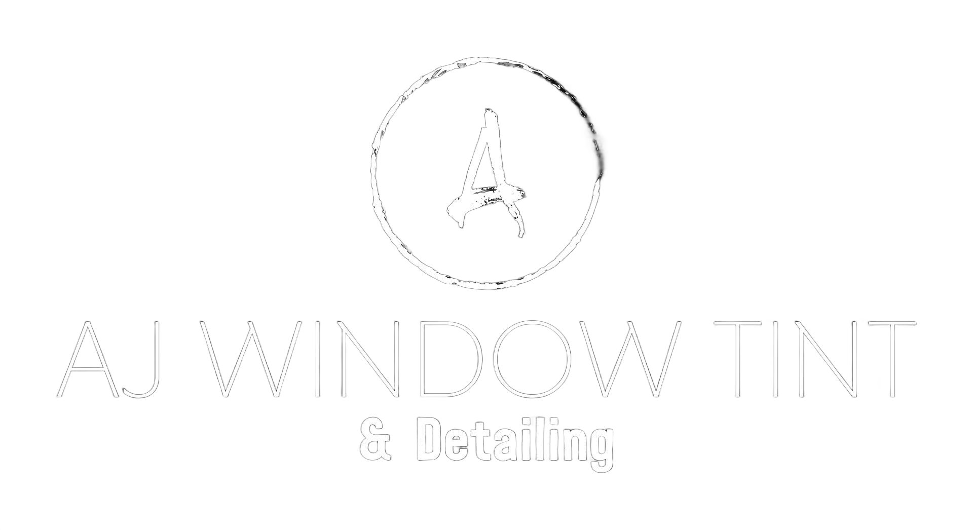 A white logo reading “AJ WINDOW TINT & Detailing” with a circular emblem above it.