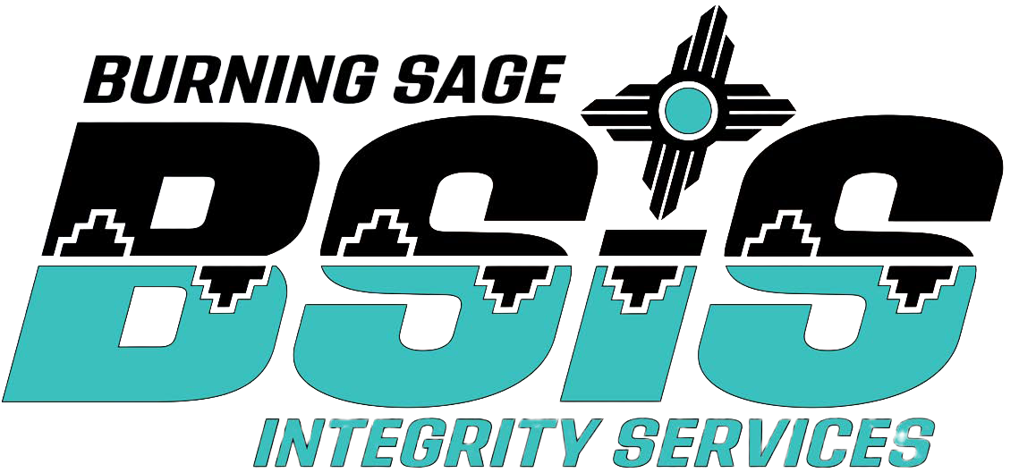 Logo: Welding mask holds burning sage, New Mexico Zia symbol, 