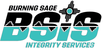 Logo for Burning Sage Integrity Services LLC: Welder holding sage bundle with New Mexico Zia symbol.