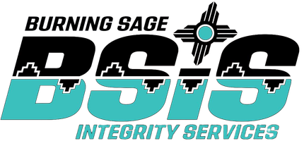 Logo for Burning Sage Integrity Services LLC: Welder holding sage bundle with New Mexico Zia symbol.