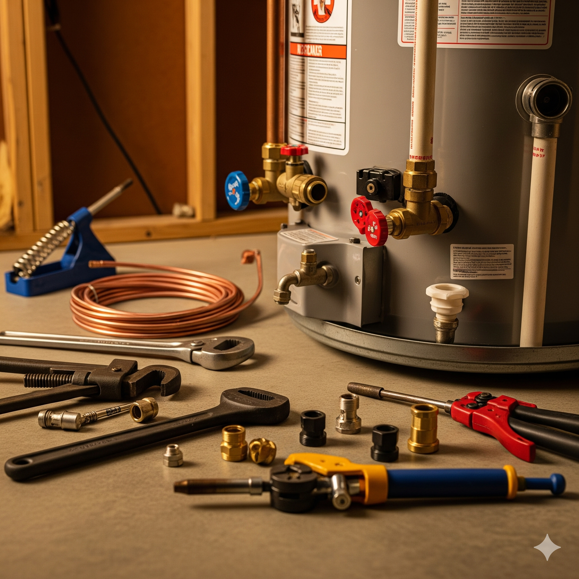 Plumbing tools and copper pipes are placed around a water heater in a workshop setting.