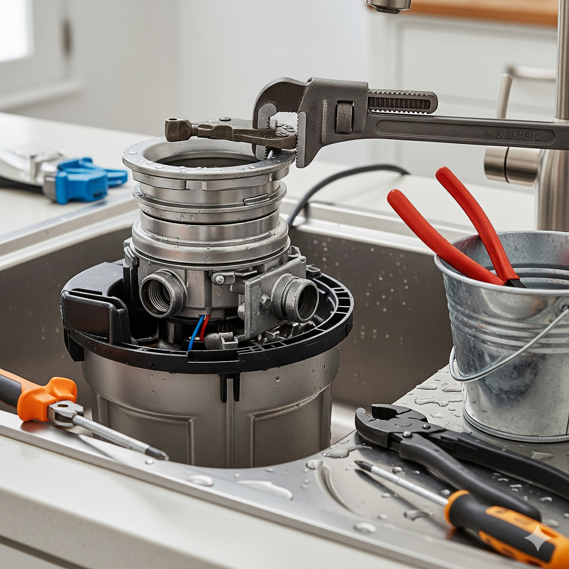 Garbage disposal in a kitchen sink being repaired with various tools.