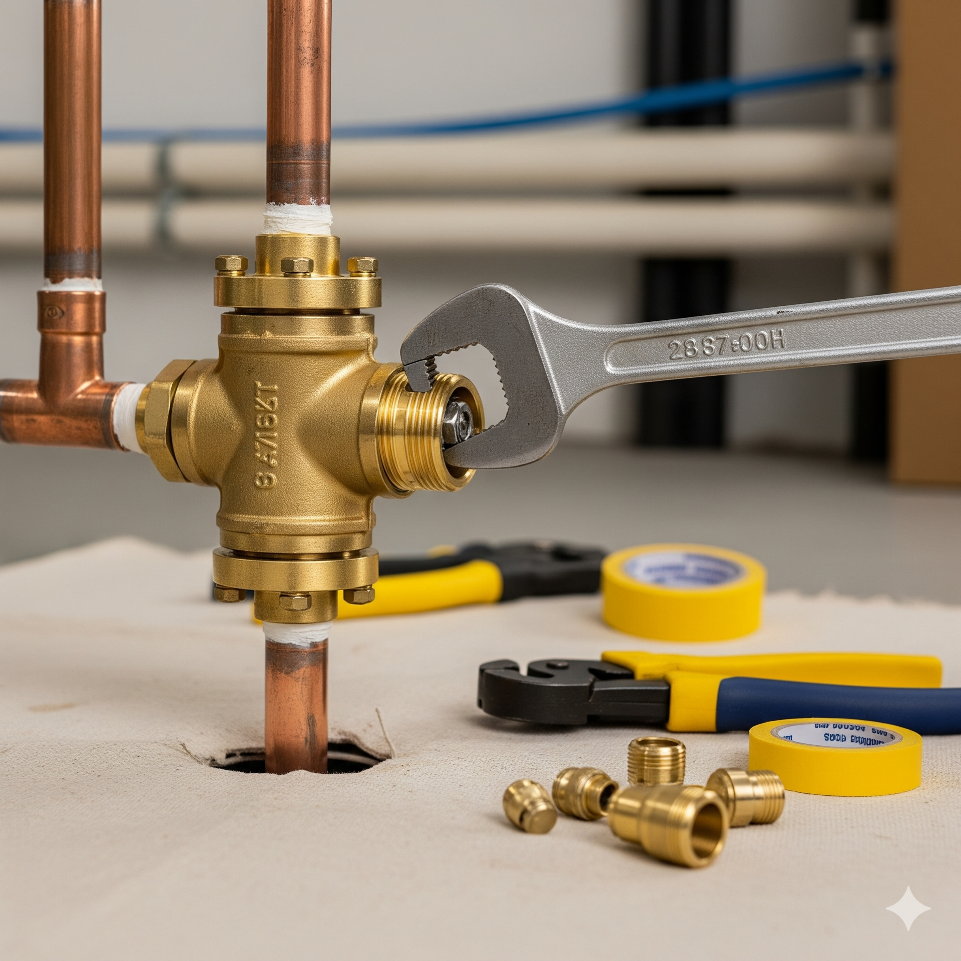 Plumber using a wrench on a brass valve connected to copper pipes, with tools and fittings on the floor.