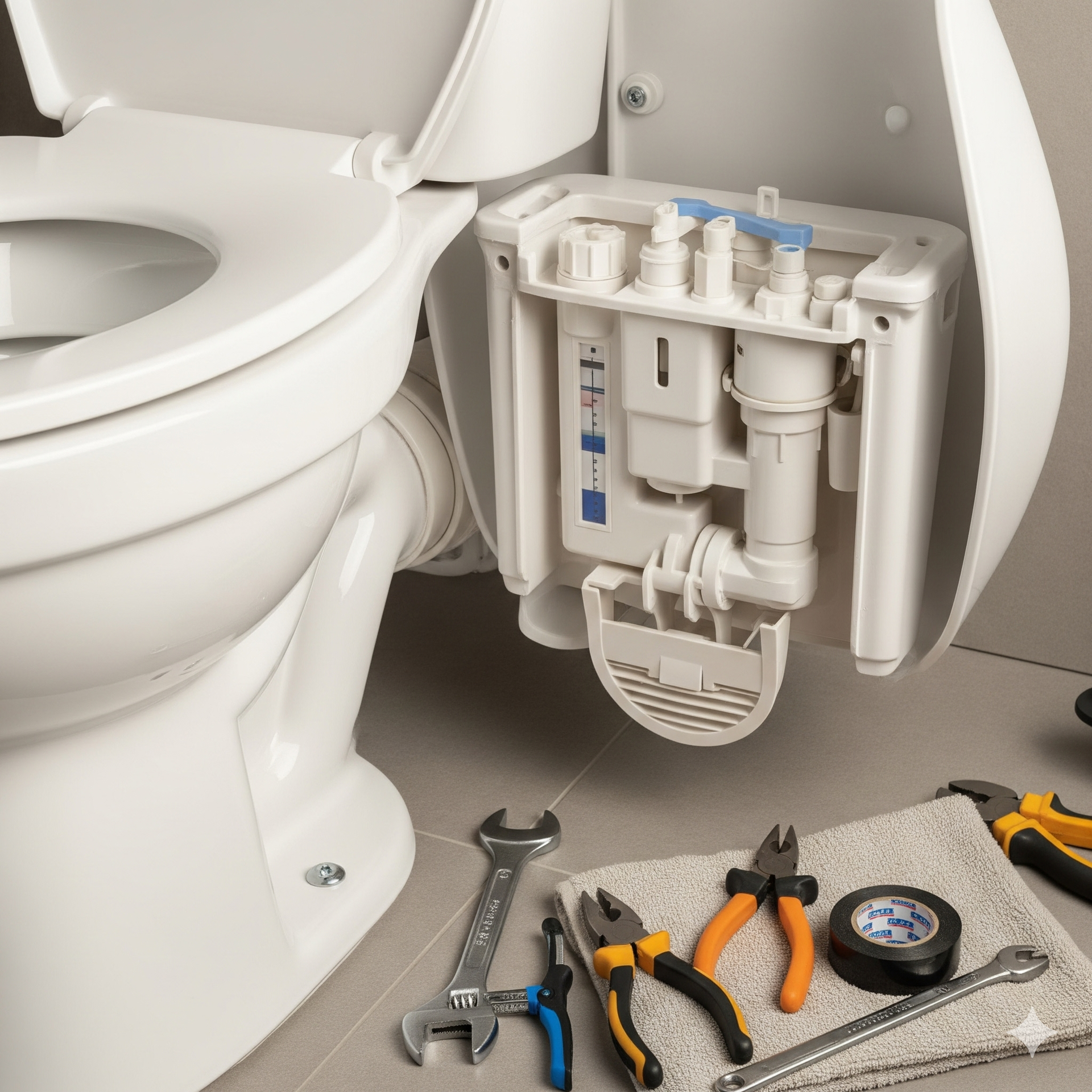 Toilet with open tank, tools laid out, for repair.