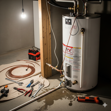 A water heater in a basement with tools laid out, a wet floor, and a dim light.