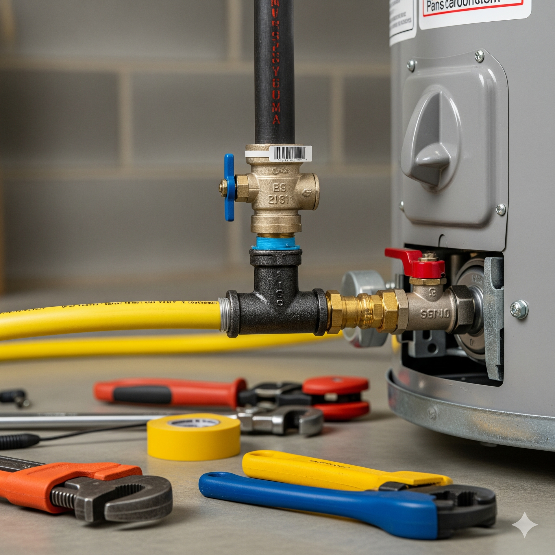 Water heater with connected gas and water lines; tools nearby.