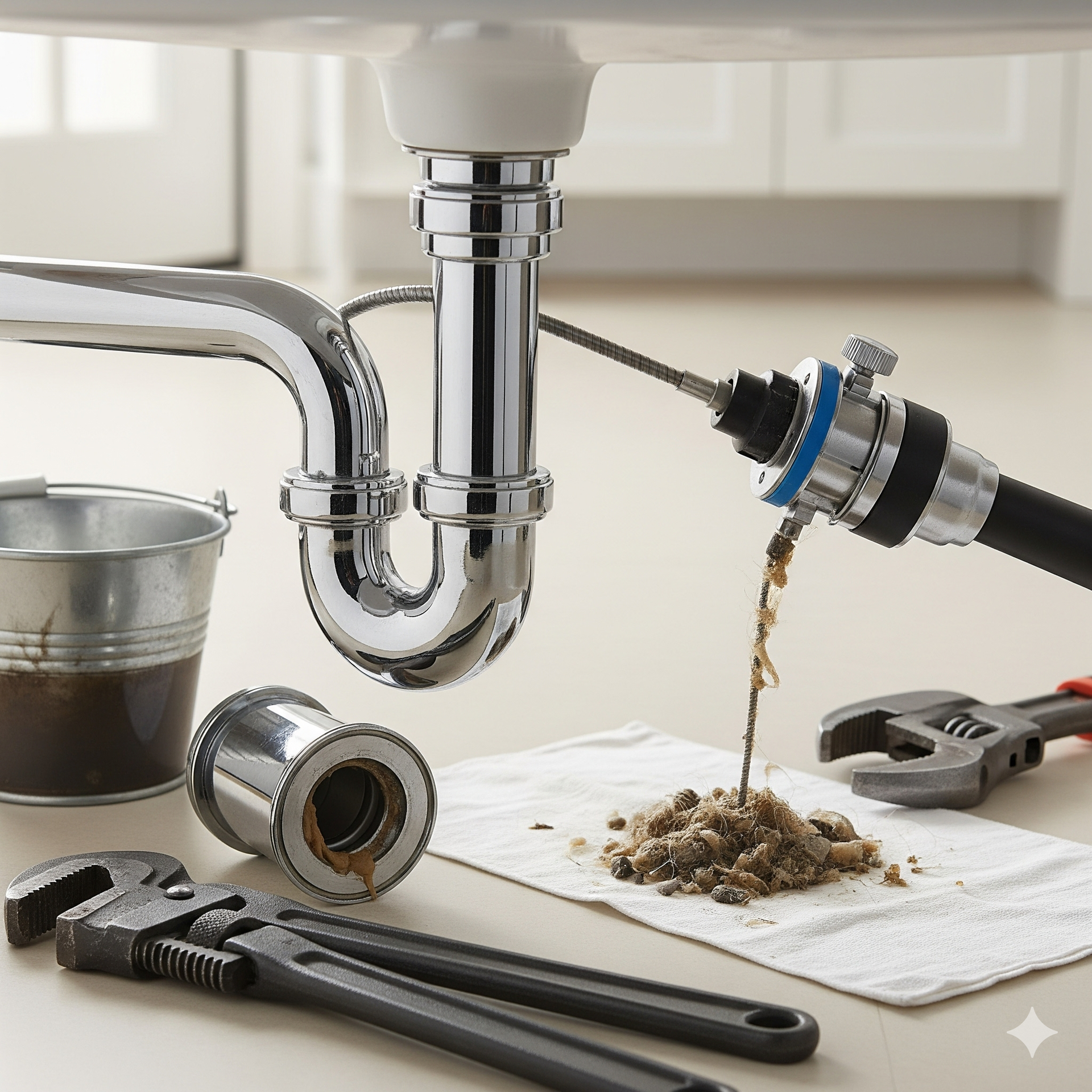 Plumber unclogging a sink drain with a snake tool. A bucket of dirty water, tools, and debris are present.