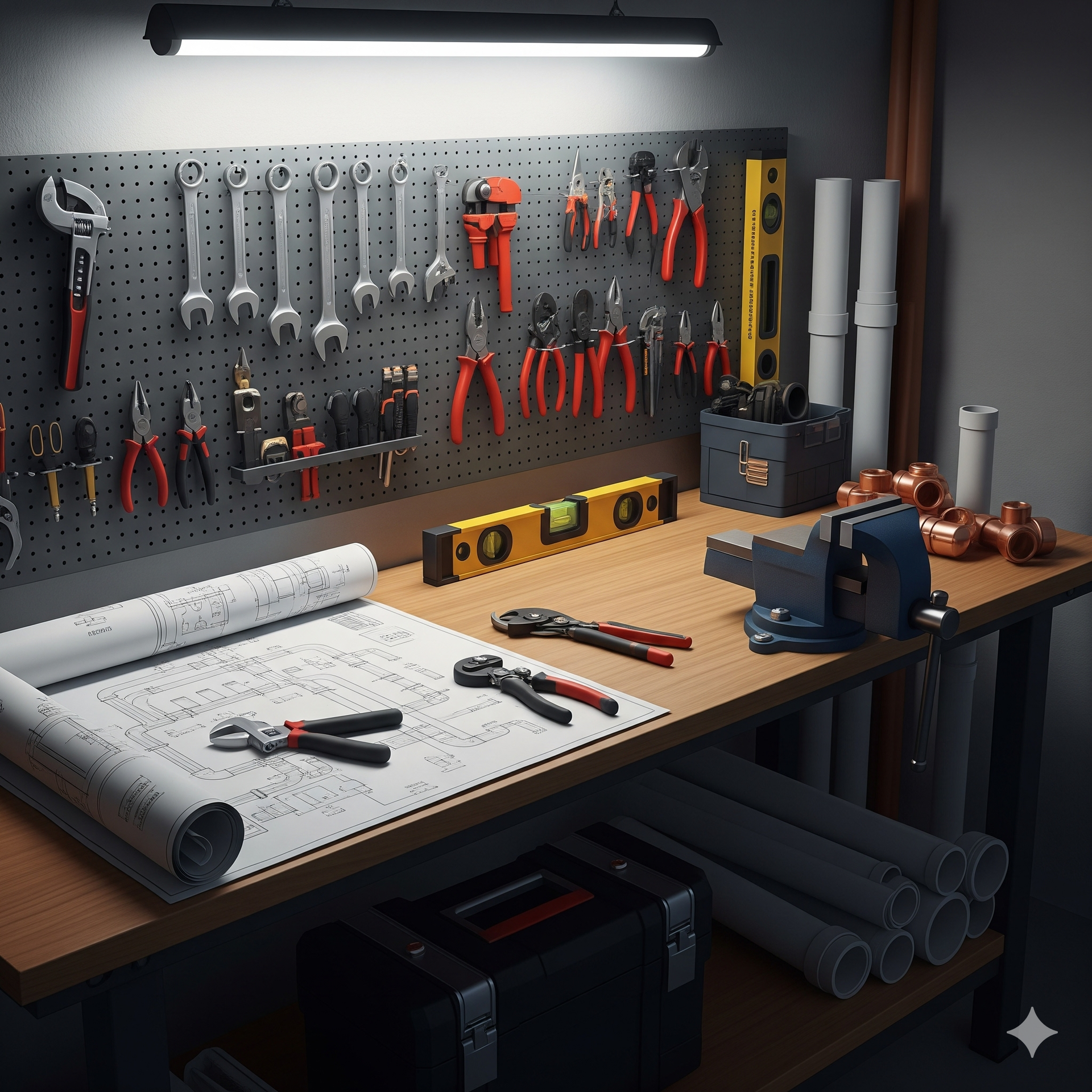 Workshop with tools on a pegboard, blueprints, and various equipment.