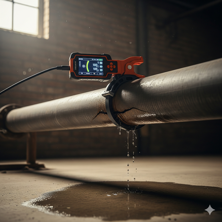 A device clamped onto a leaking pipe inside a brick building, displaying readings on the screen. Water spills onto the floor.