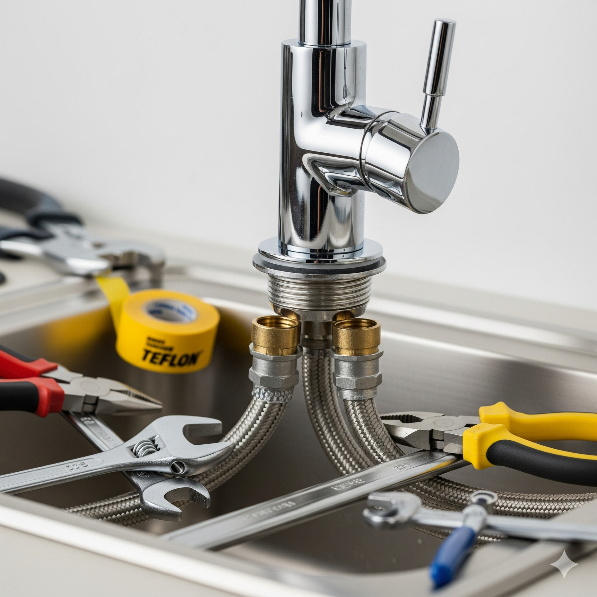 Chrome faucet installed in a stainless steel sink with plumbing tools, including wrenches and pliers.