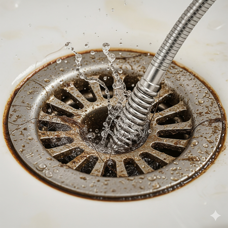 Water sprays from a flexible metal drain snake into a dirty sink drain.