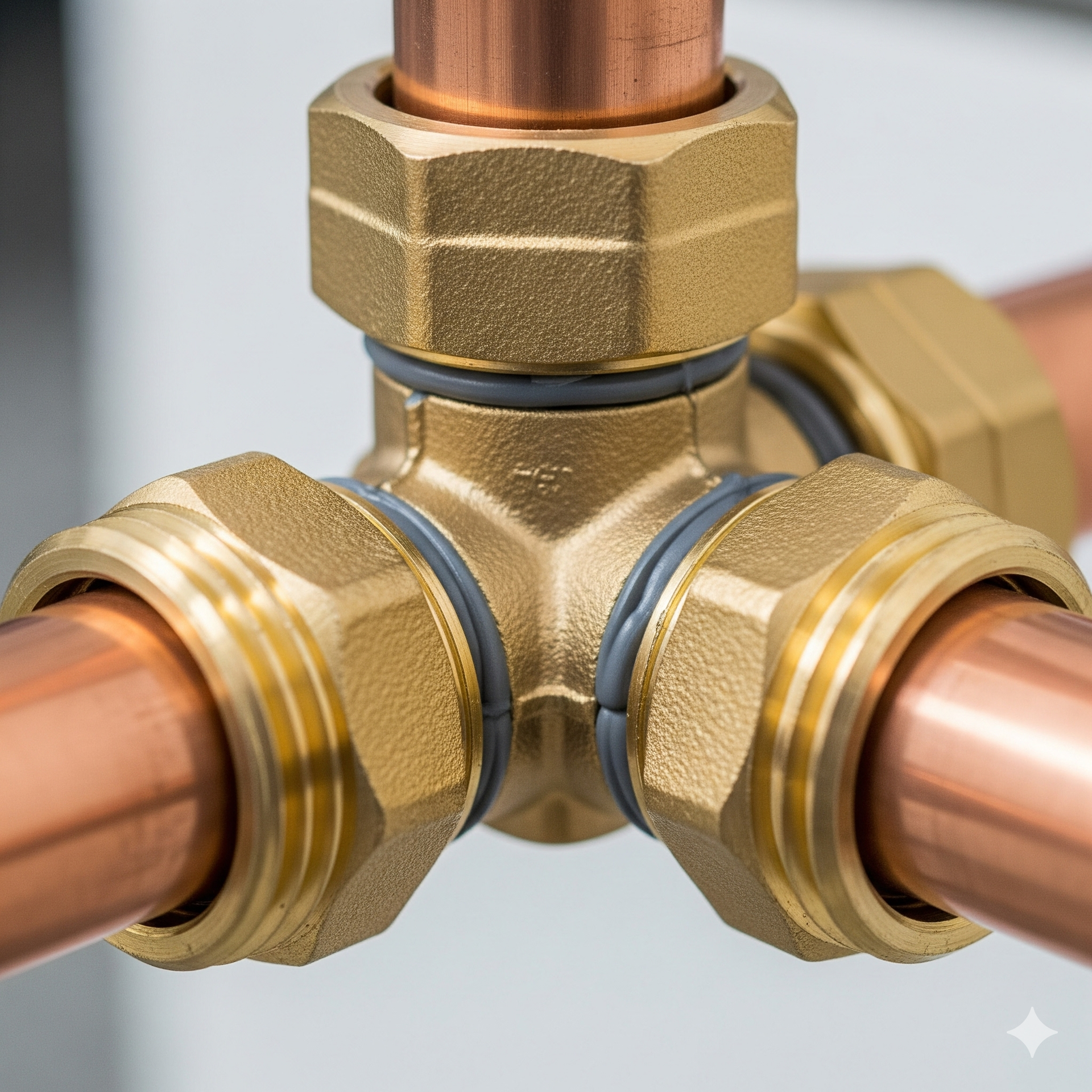 Copper pipes connected by brass fittings in a plumbing system.