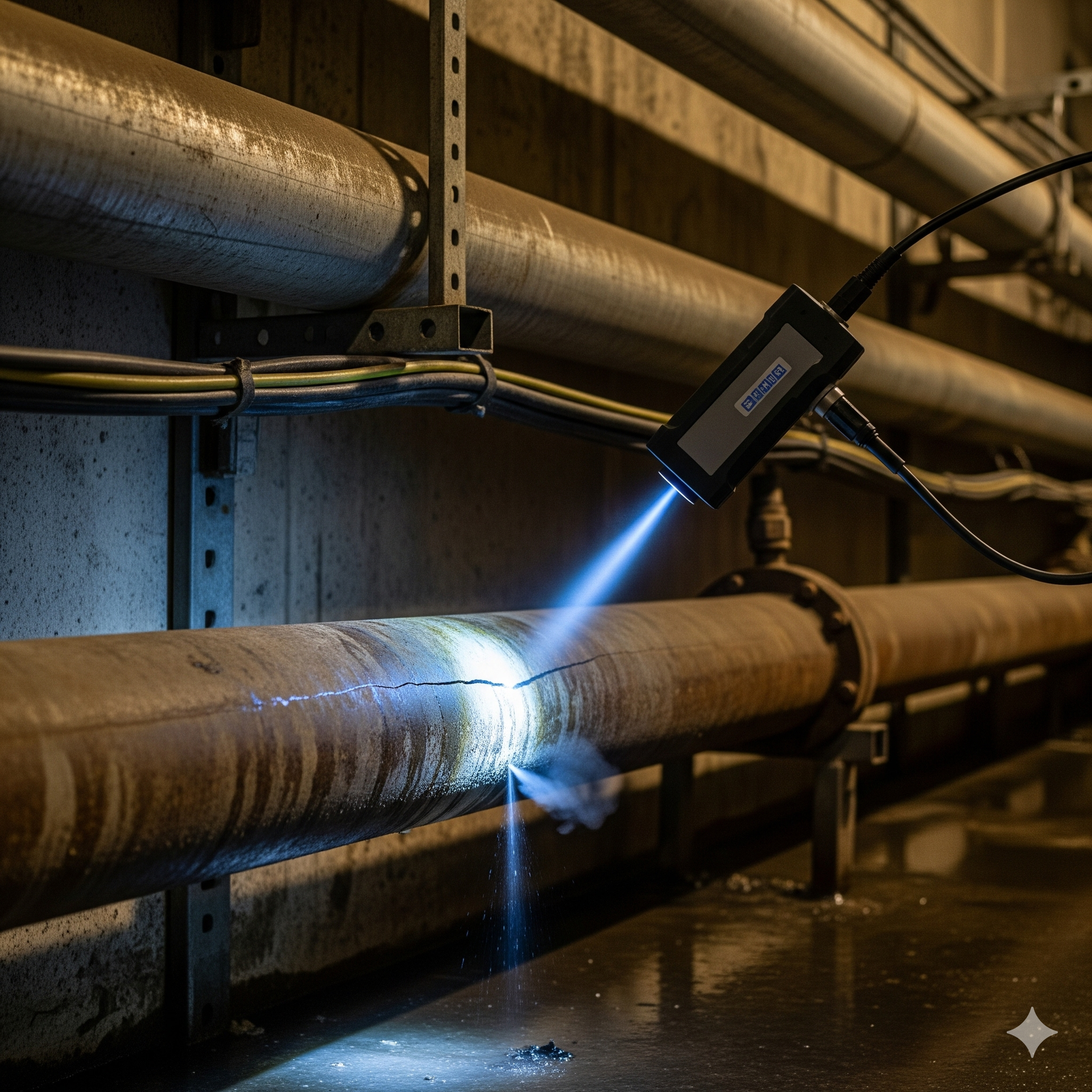 A device scanning a cracked, rusty pipe, illuminating the leak with a blue light in an industrial setting.