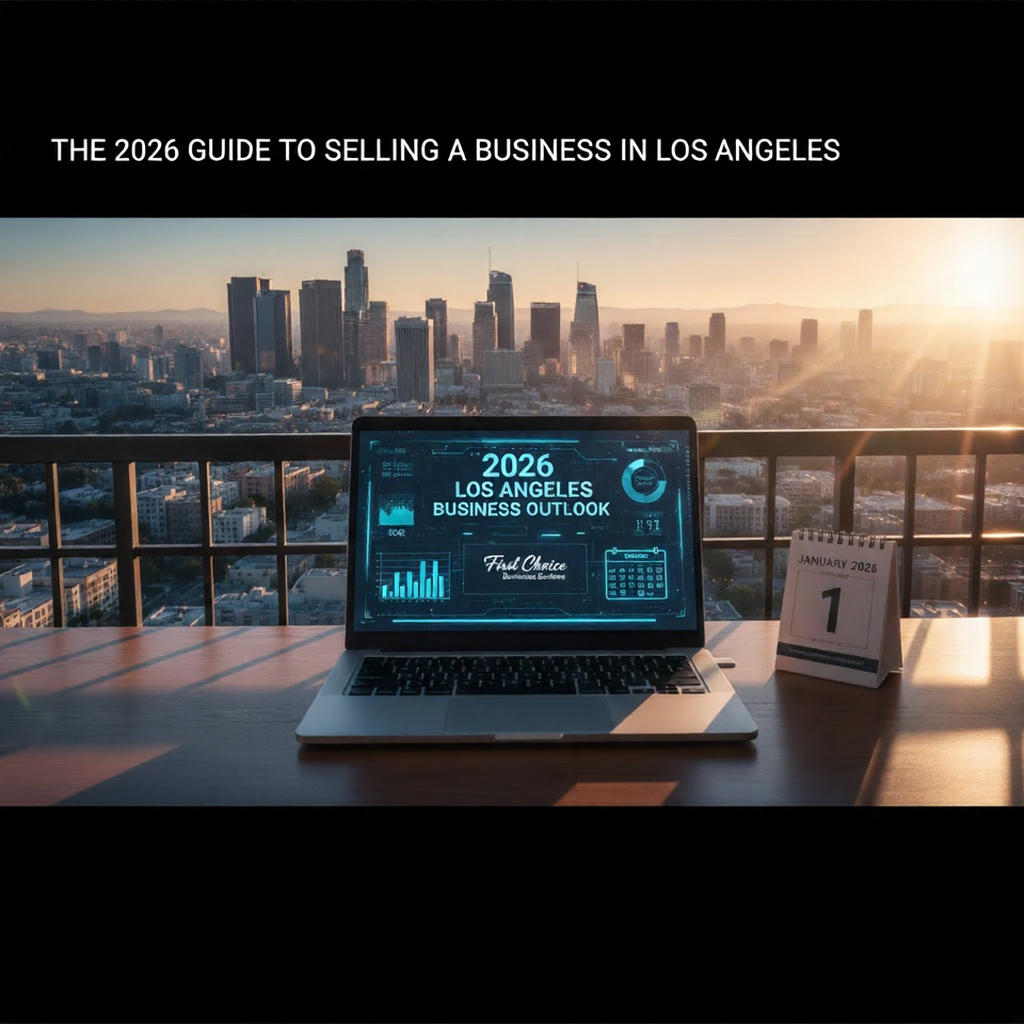 Laptop with futuristic display overlooking Los Angeles skyline, title