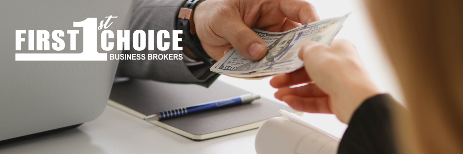 A person handing cash to another. Logo states “First Choice Business Brokers”.
