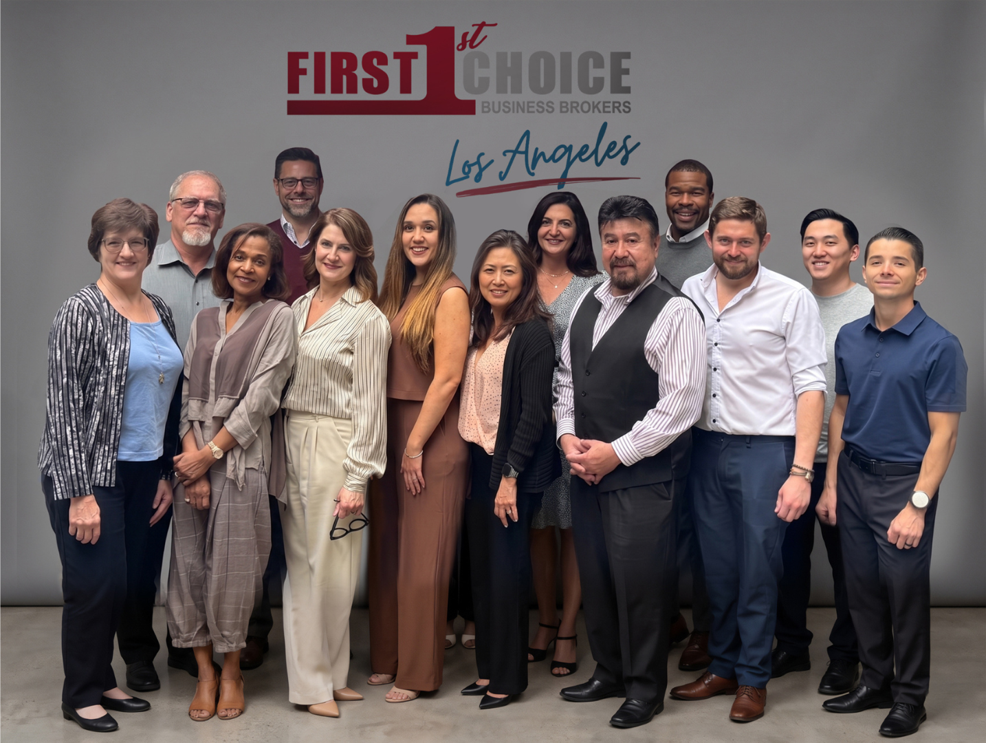 A group of people are posing for a picture in front of a first choice banner.