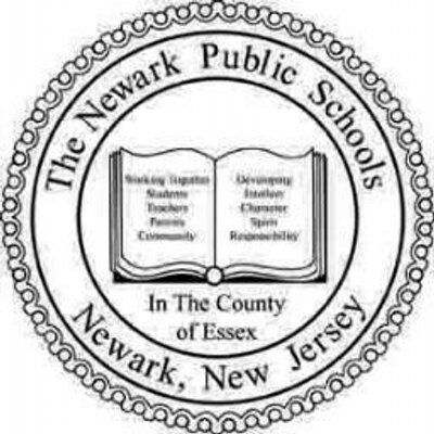 Newark Public Schools seal: Open book with text, surrounded by circular text and decorative border.