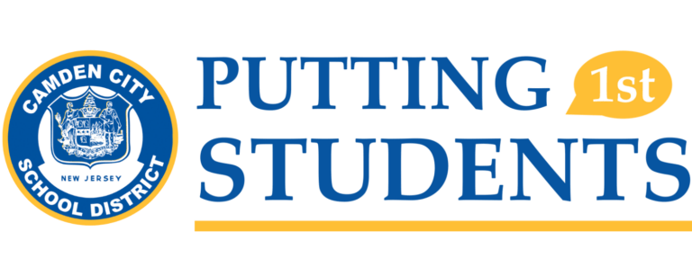 Logo of Camden City School District: "Putting Students 1st". Blue and yellow color scheme.
