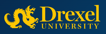 Yellow dragon symbol with Drexel University text on a dark blue background.
