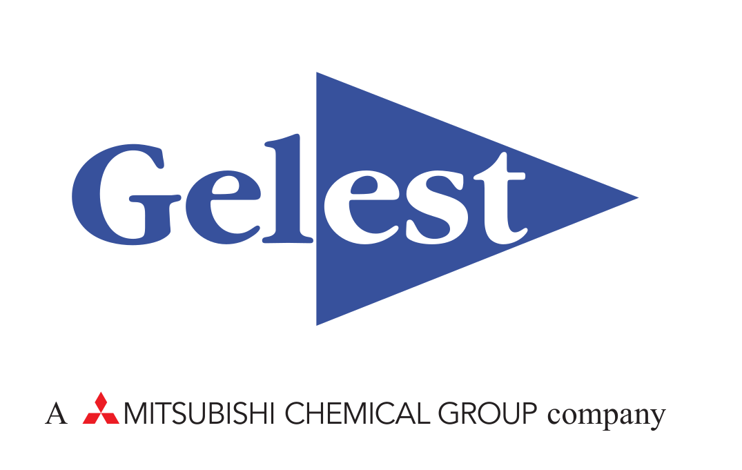 Logo for Gelest, a Mitsubishi Chemical Group company; blue text and a blue triangle pointing right.