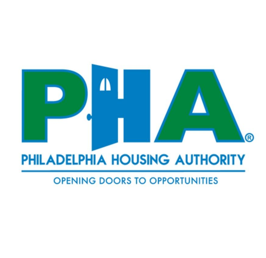 Logo for Philadelphia Housing Authority: Blue "PHA" with door in "P," green "HA," and tagline.