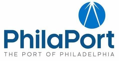 PhilaPort logo: Blue text and circular icon. "PhilaPort" over "The Port of Philadelphia".