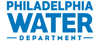 Philadelphia Water Department logo. Blue text on white background. A water drop is in the letter "A".
