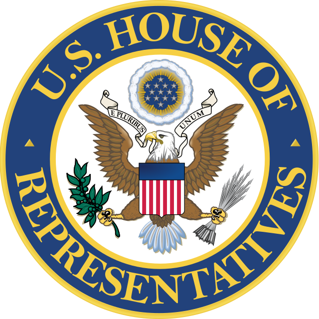 U.S. House of Representatives seal: eagle with spread wings, holding arrows and olive branch, within a blue circle.